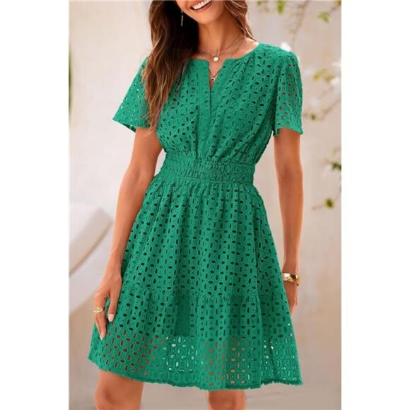 Women Short Dress V Neck Green - Picture 6 of 6